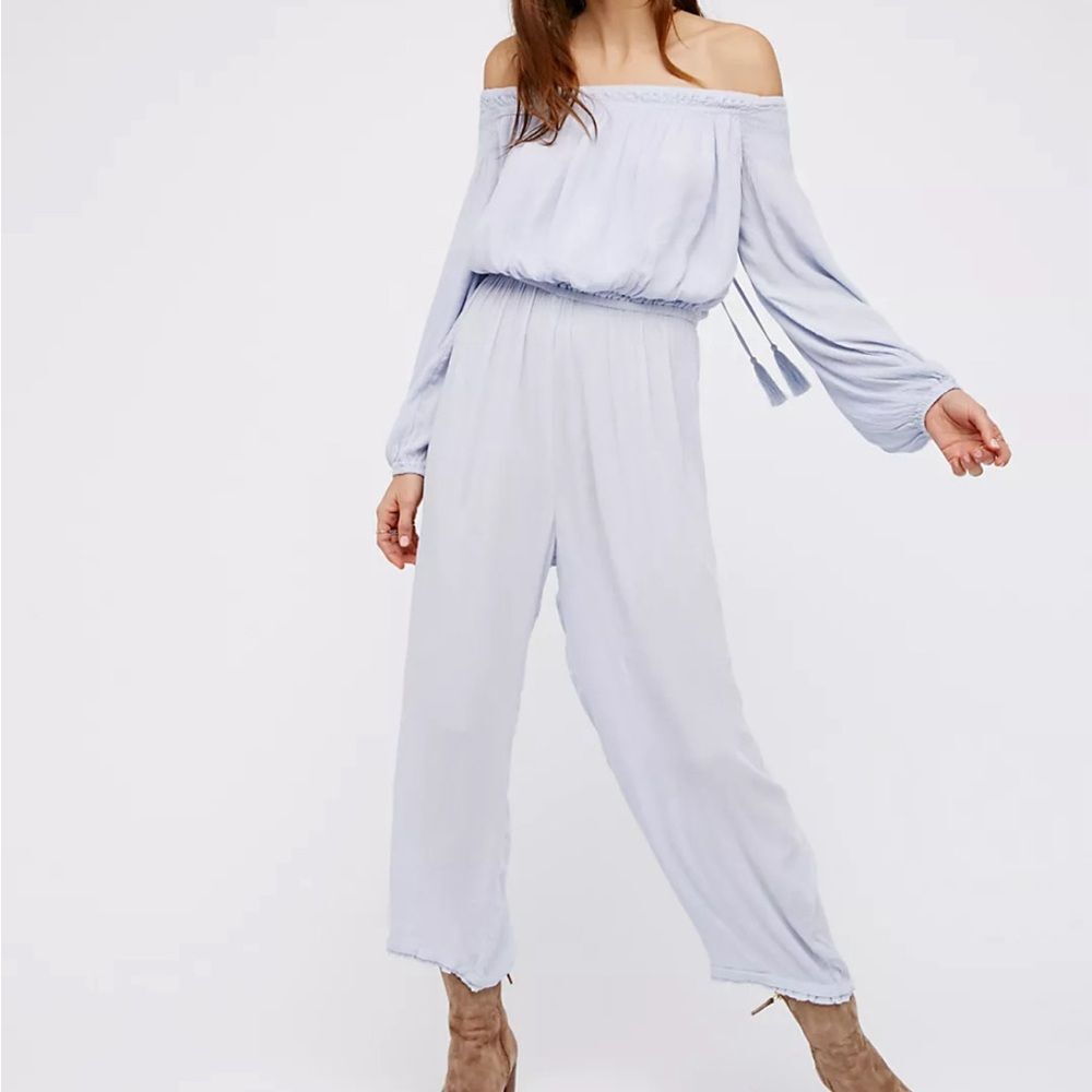 Free people lilac purple crinkle jumpsuit pants off the shoulder size small